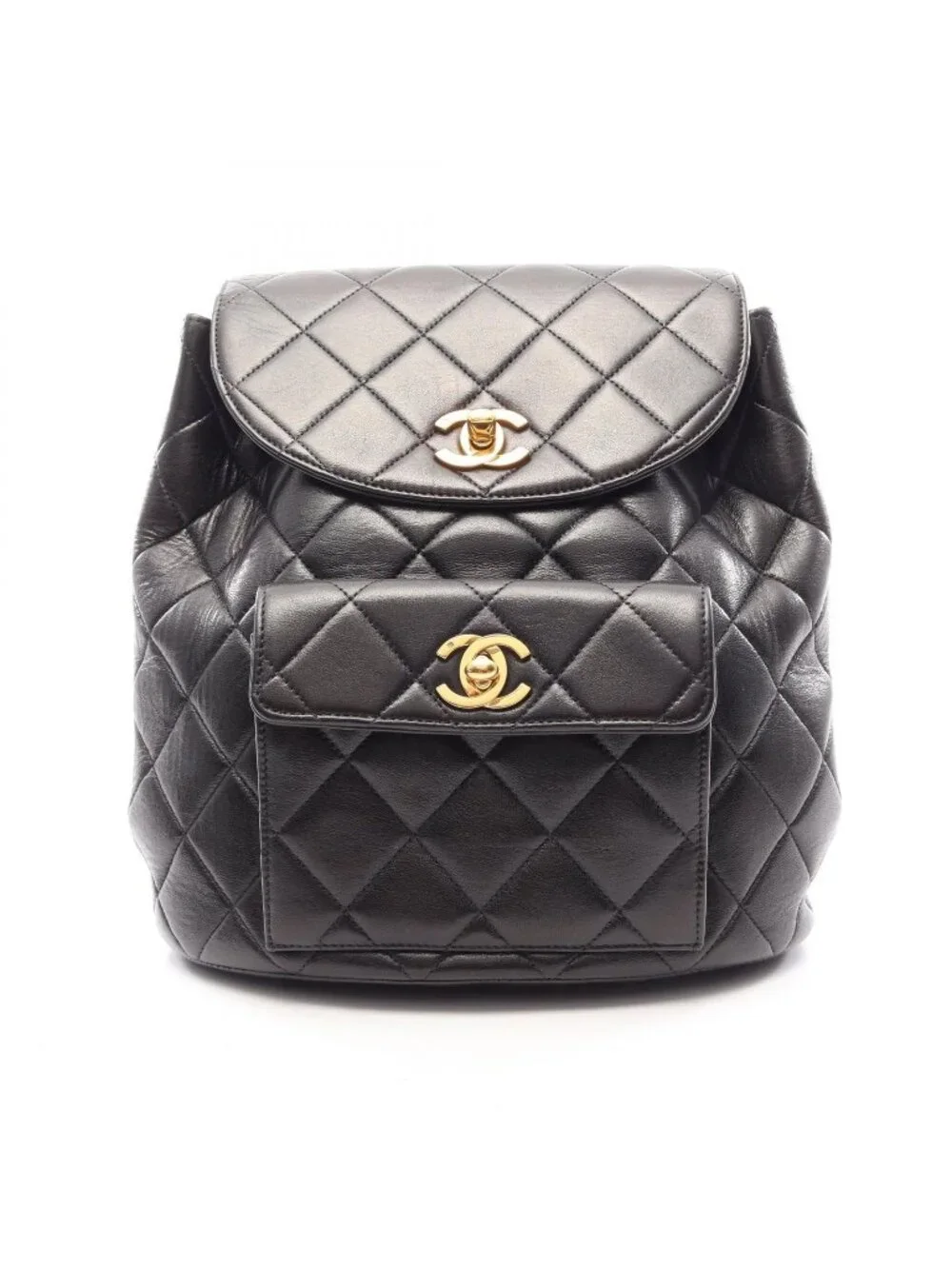 Chanel Backpack Quilted Turnlock Chain Black Lambskin Double